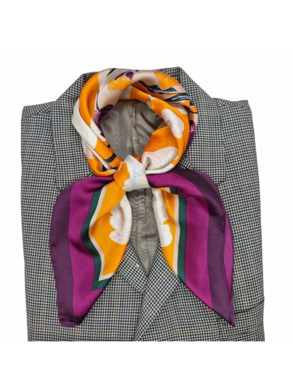 ✨Luxury Silky Satin Scarf Bandana Yellow Purple Color Block Floral Soft Wrap